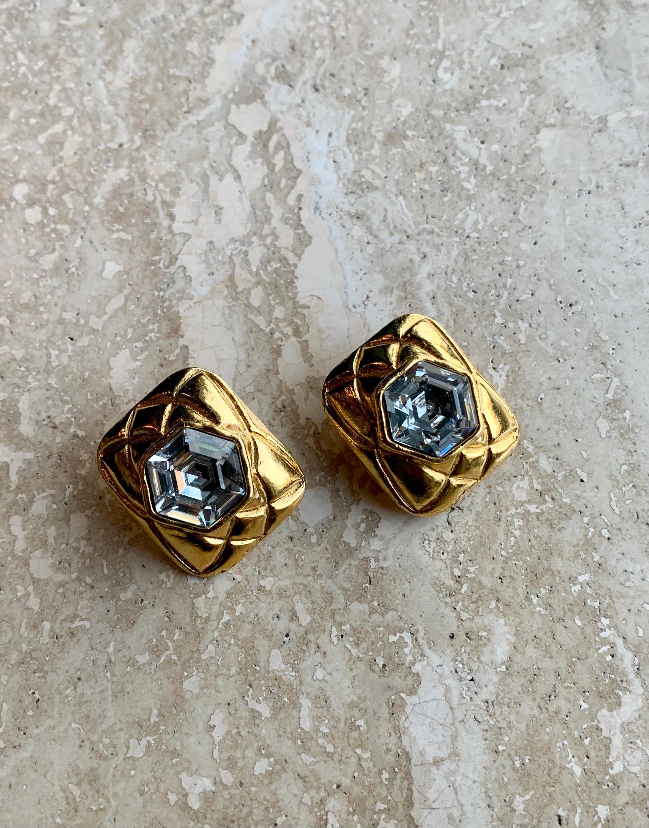 Vintage Signed Chanel Geometric Strass Clip-On Earrings, 1970s  In Good Condition For Sale In New York, NY