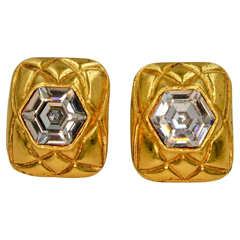 Vintage Signed Chanel Geometric Strass Clip-On Earrings, 1970s  For Sale