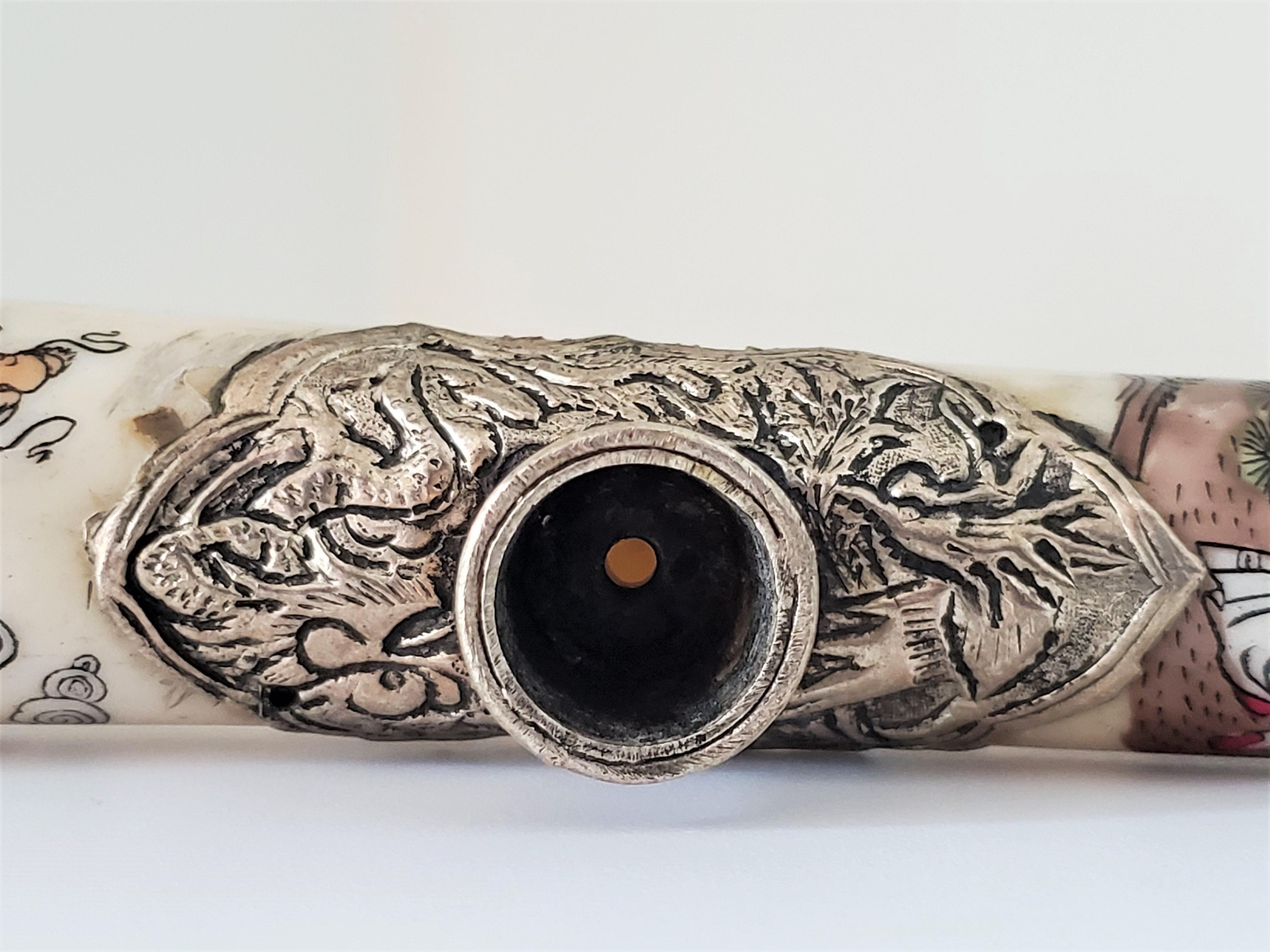 Vintage Signed Chinese Opium Pipe Made with Bone and Silver Metal Detailing 5