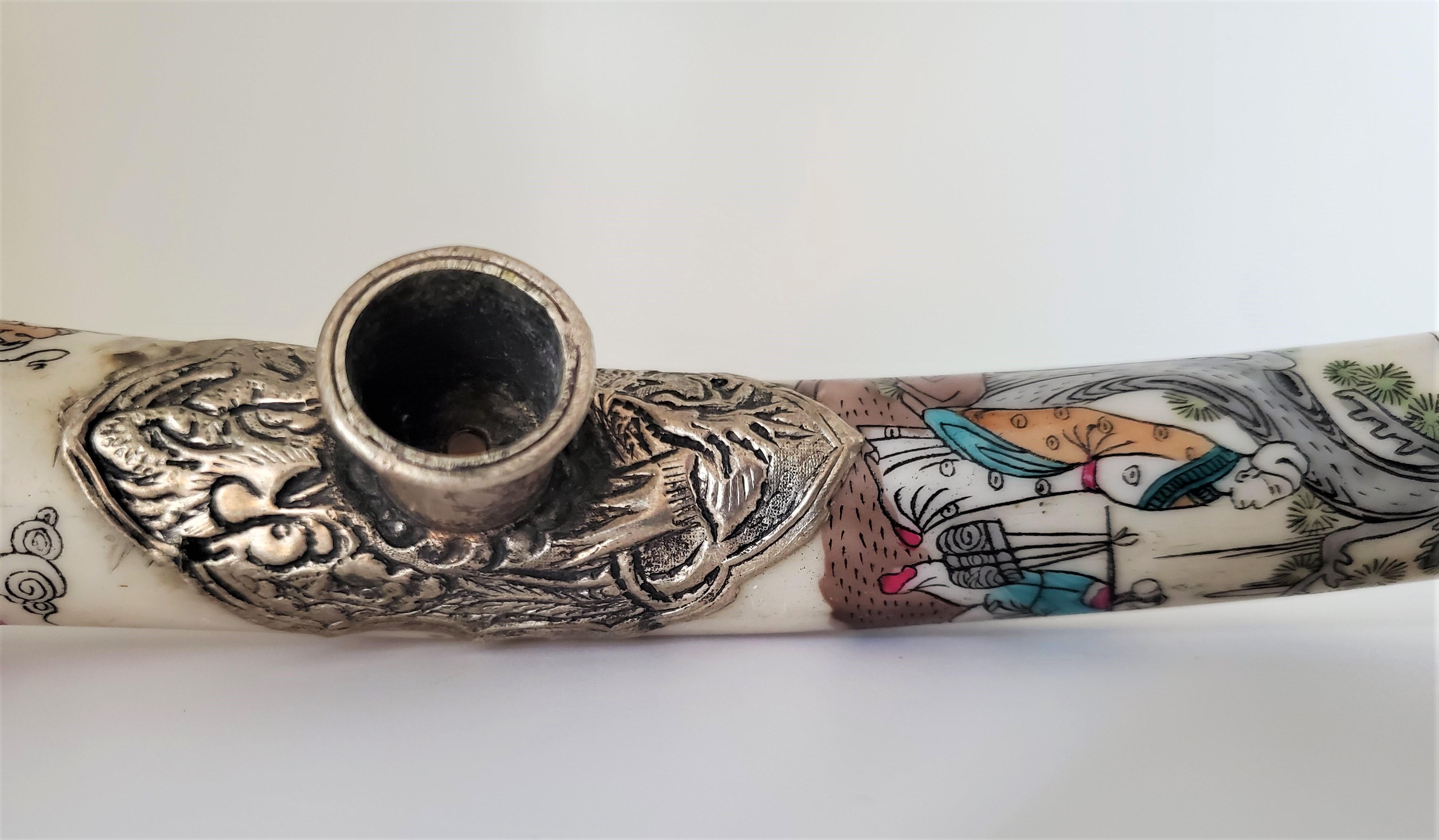 Chinese Export Vintage Signed Chinese Opium Pipe Made with Bone and Silver Metal Detailing