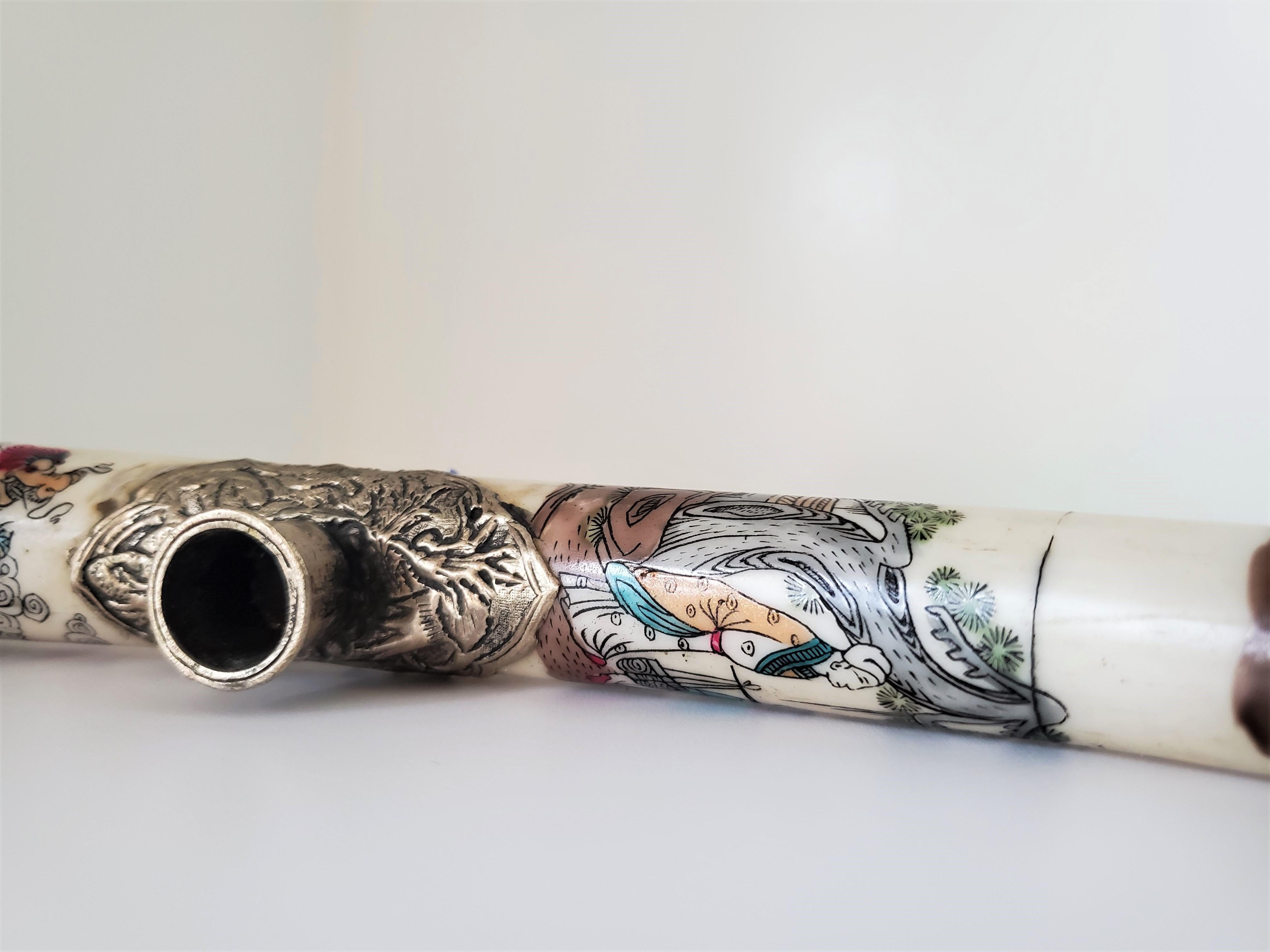 Etched Vintage Signed Chinese Opium Pipe Made with Bone and Silver Metal Detailing