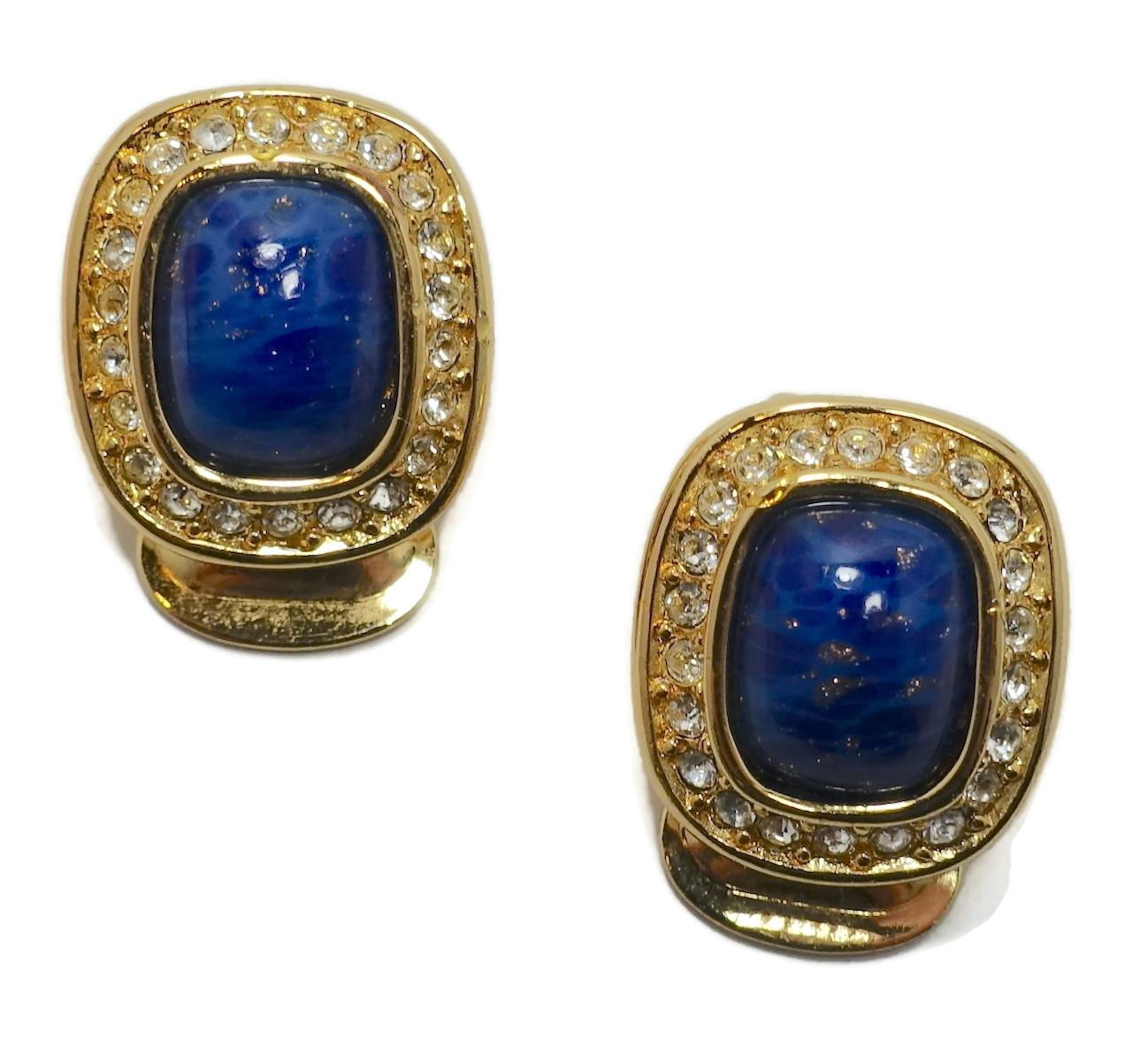 Vintage Signed Christian Dior Faux Lapis & Crystal Earrings In Good Condition For Sale In New York, NY