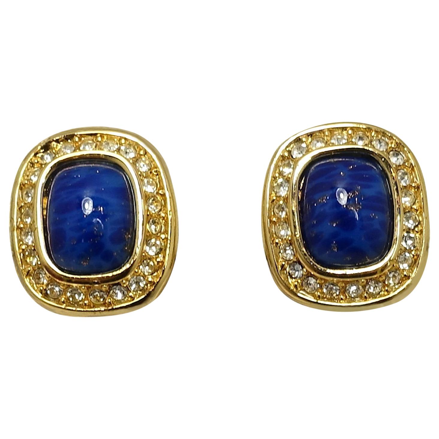 Vintage Signed Christian Dior Faux Lapis & Crystal Earrings For Sale
