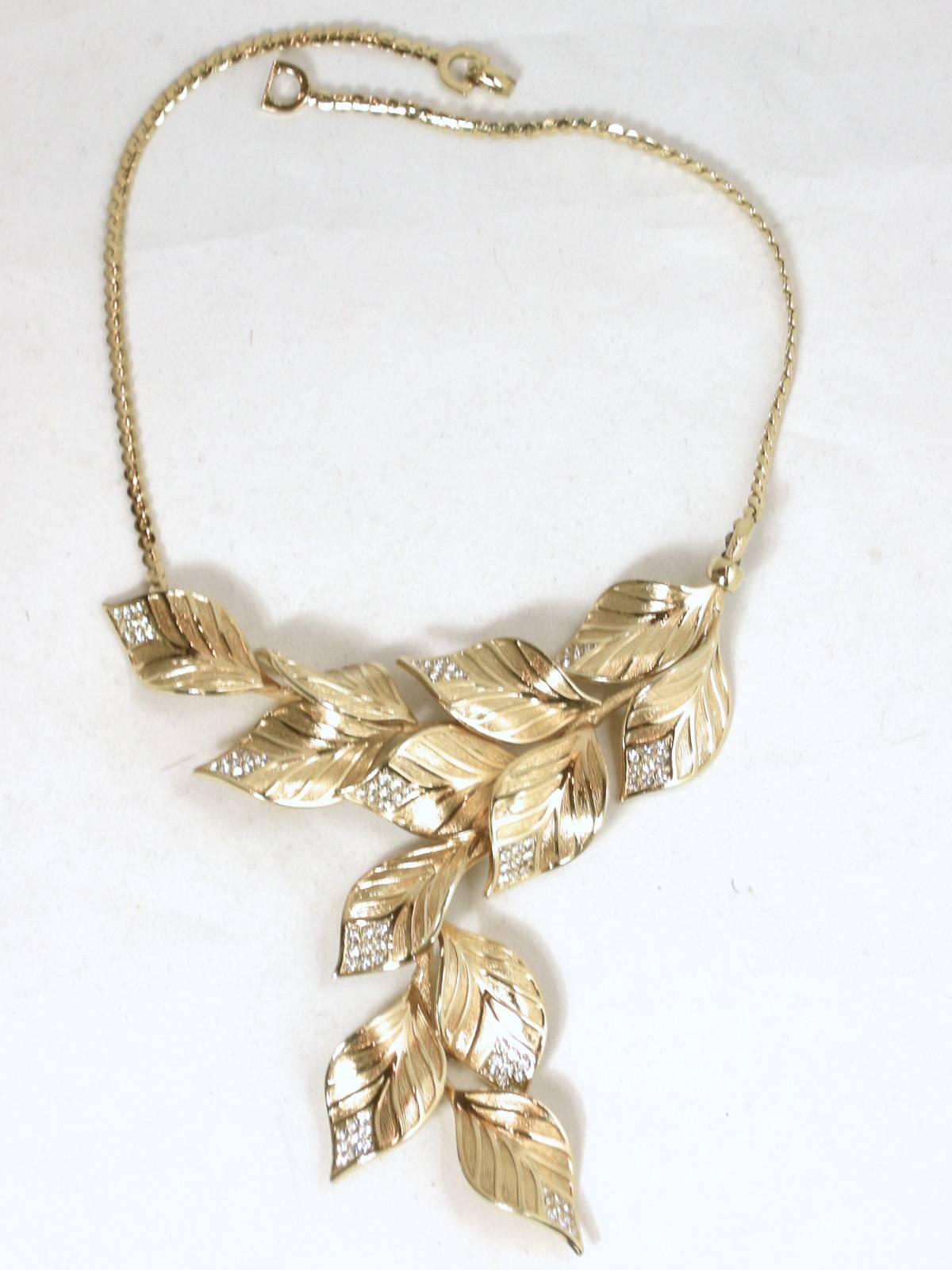 Vintage Signed Christian Dior Leaf & Crystal Bib Necklace In Excellent Condition In New York, NY