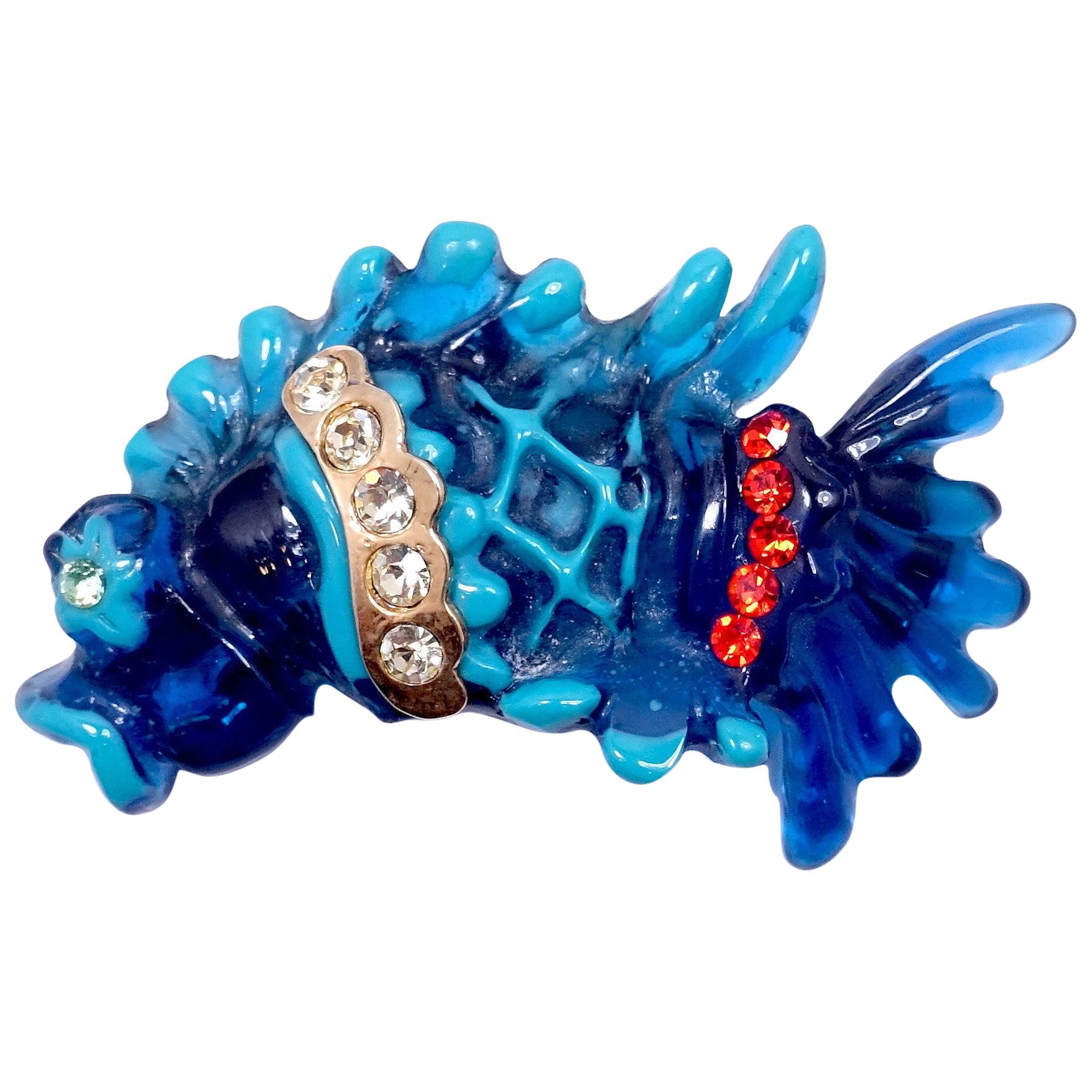 Vintage Signed Christian LaCroix Carved Resin Jeweled Fish Brooch For Sale