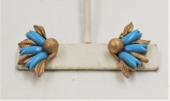 Vintage Signed Ciner Goldtone Faux-Turquoise Rhinestone Flower Clip Earrings