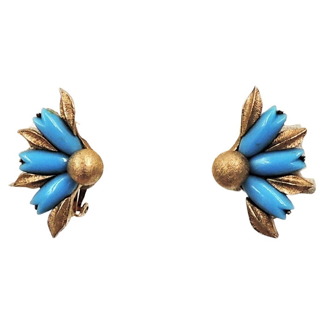 Vintage Signed Ciner Goldtone Faux-Turquoise Rhinestone Flower Clip Earrings For Sale
