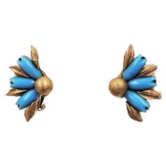 Retro Signed Ciner Goldtone Faux-Turquoise Rhinestone Flower Clip Earrings
