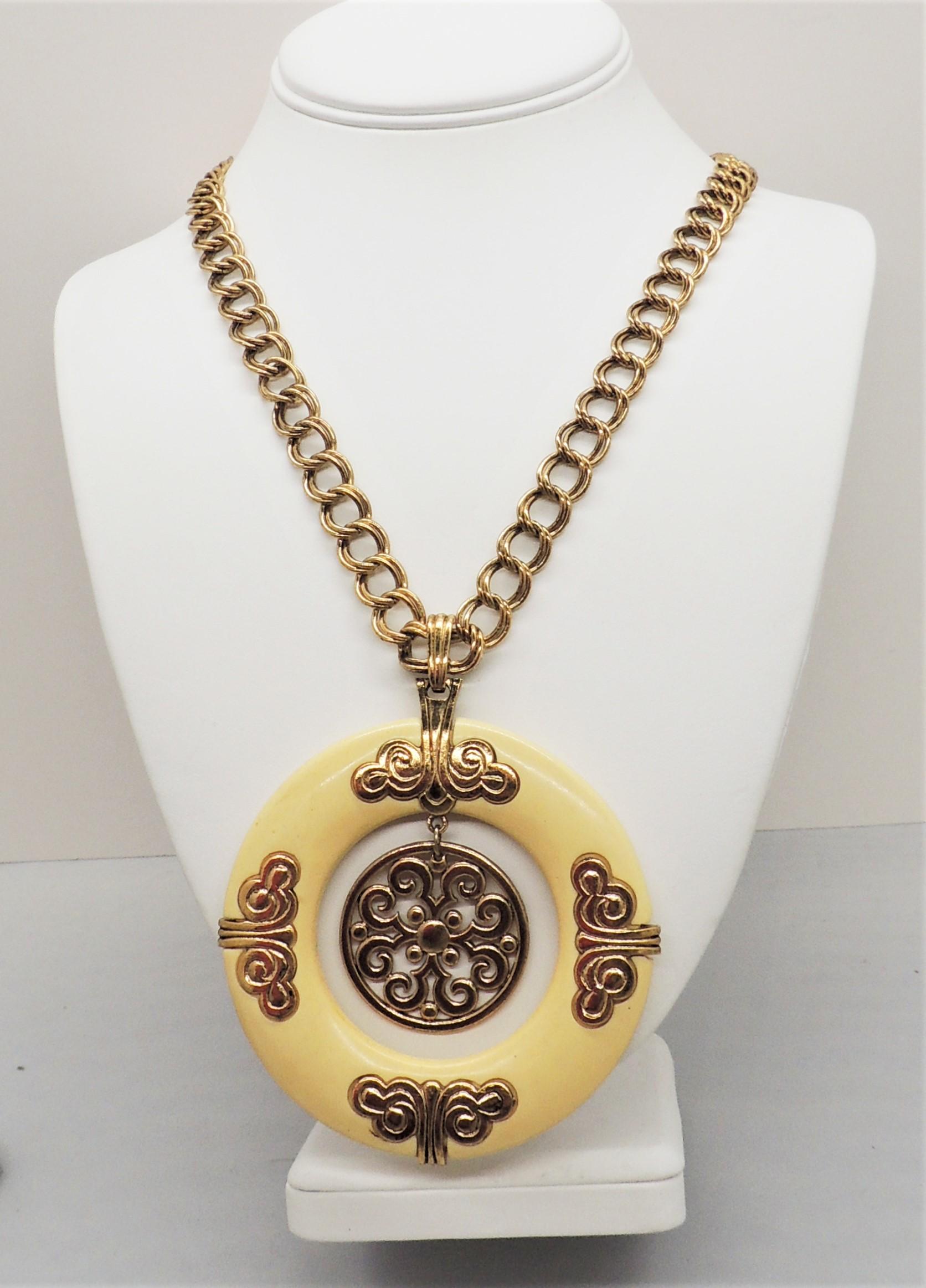 Women's Vintage Signed Crown Trifari Asian Style White Pendant Necklace, 1972 Ad Piece For Sale