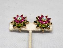 Vintage Signed Crown Trifari Faux-Peridot & Faux-Ruby Flower Clip Earrings c1961