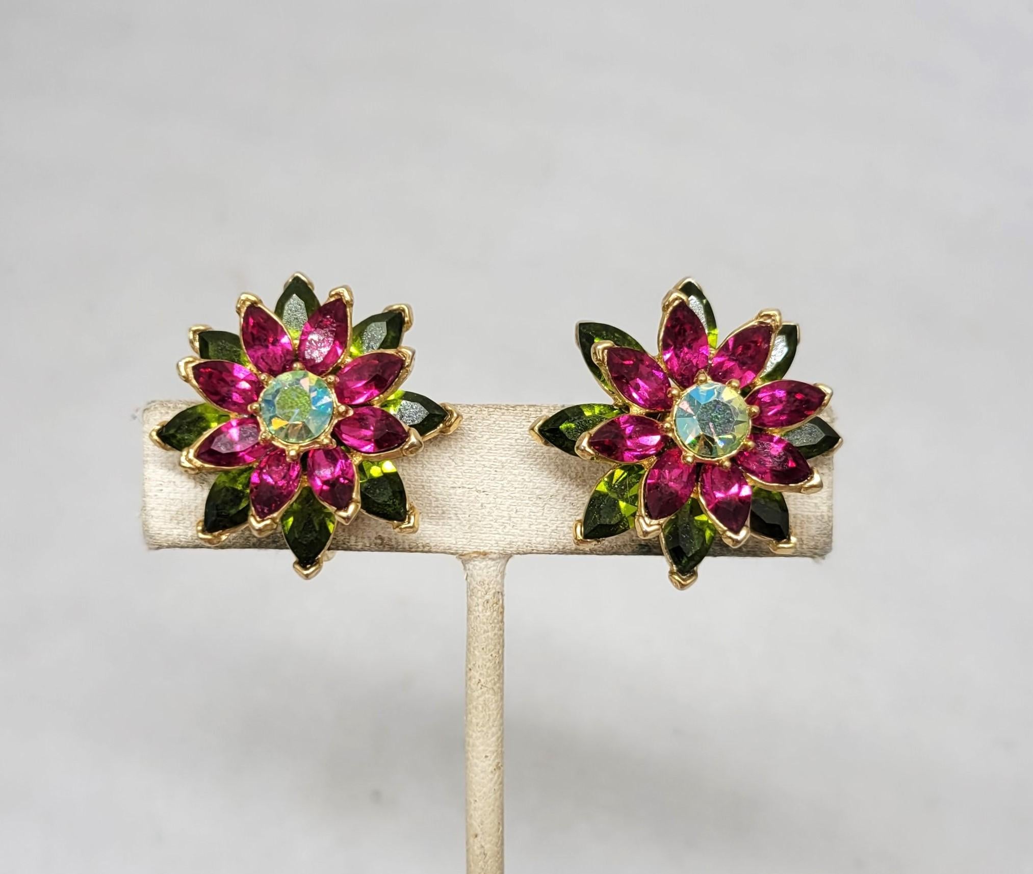 Vintage Signed Crown Trifari Faux-Peridot & Faux-Ruby Flower Clip Earrings c1961 For Sale 1