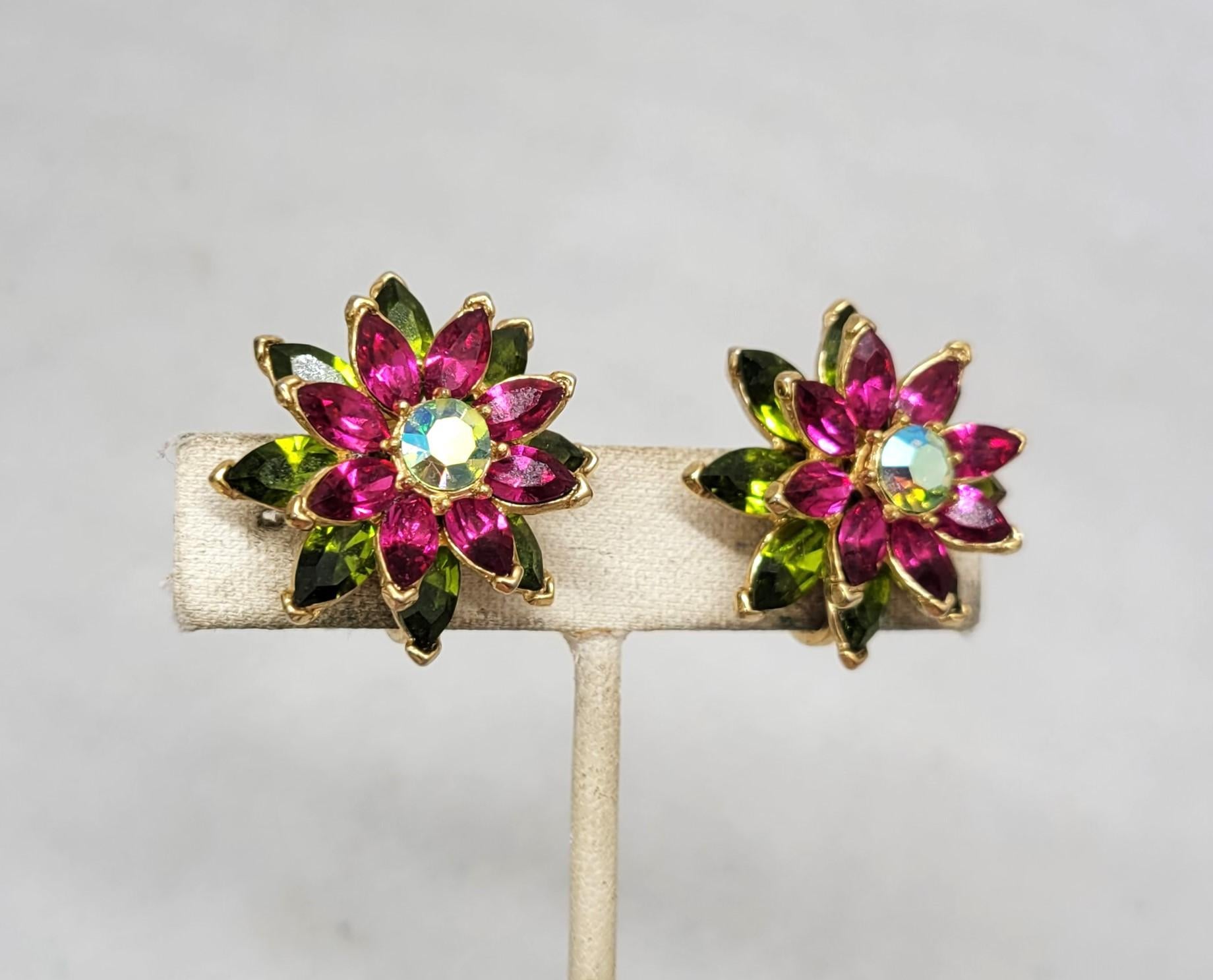 Vintage Signed Crown Trifari Faux-Peridot & Faux-Ruby Flower Clip Earrings c1961 For Sale 2