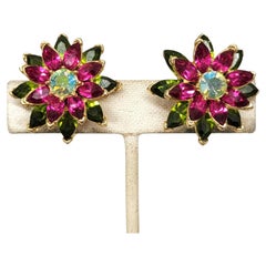 Vintage Signed Crown Trifari Faux-Peridot & Faux-Ruby Flower Clip Earrings c1961