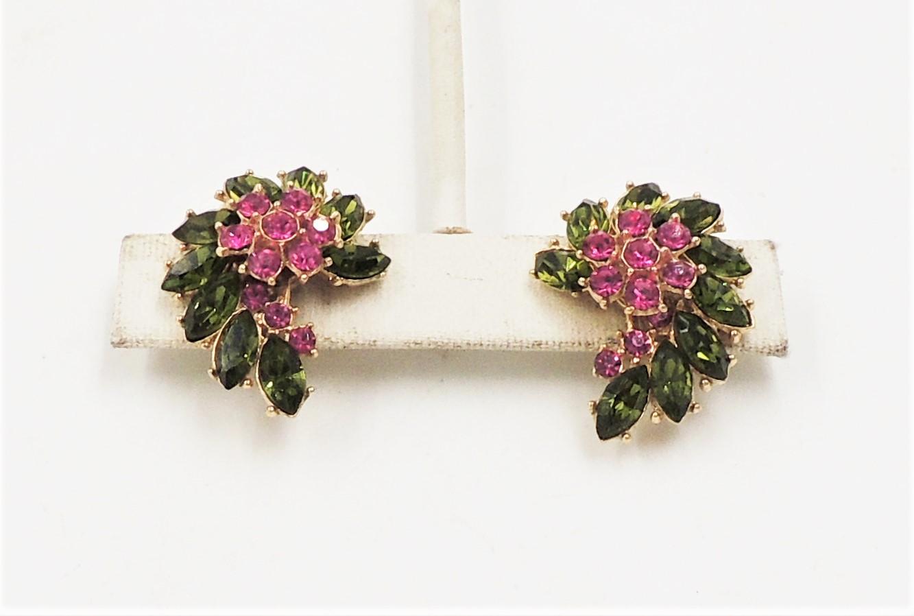 Women's Vintage Signed Crown Trifari Faux-Ruby & Peridot Rhinestone Clip Earrings For Sale