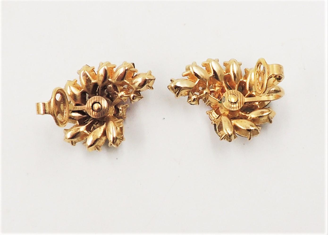 Vintage Signed Crown Trifari Faux-Ruby & Peridot Rhinestone Clip Earrings 1