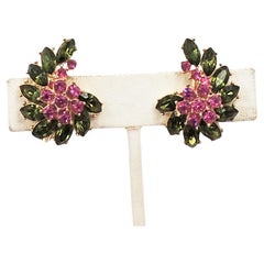 Vintage Signed Crown Trifari Faux-Ruby & Peridot Rhinestone Clip Earrings