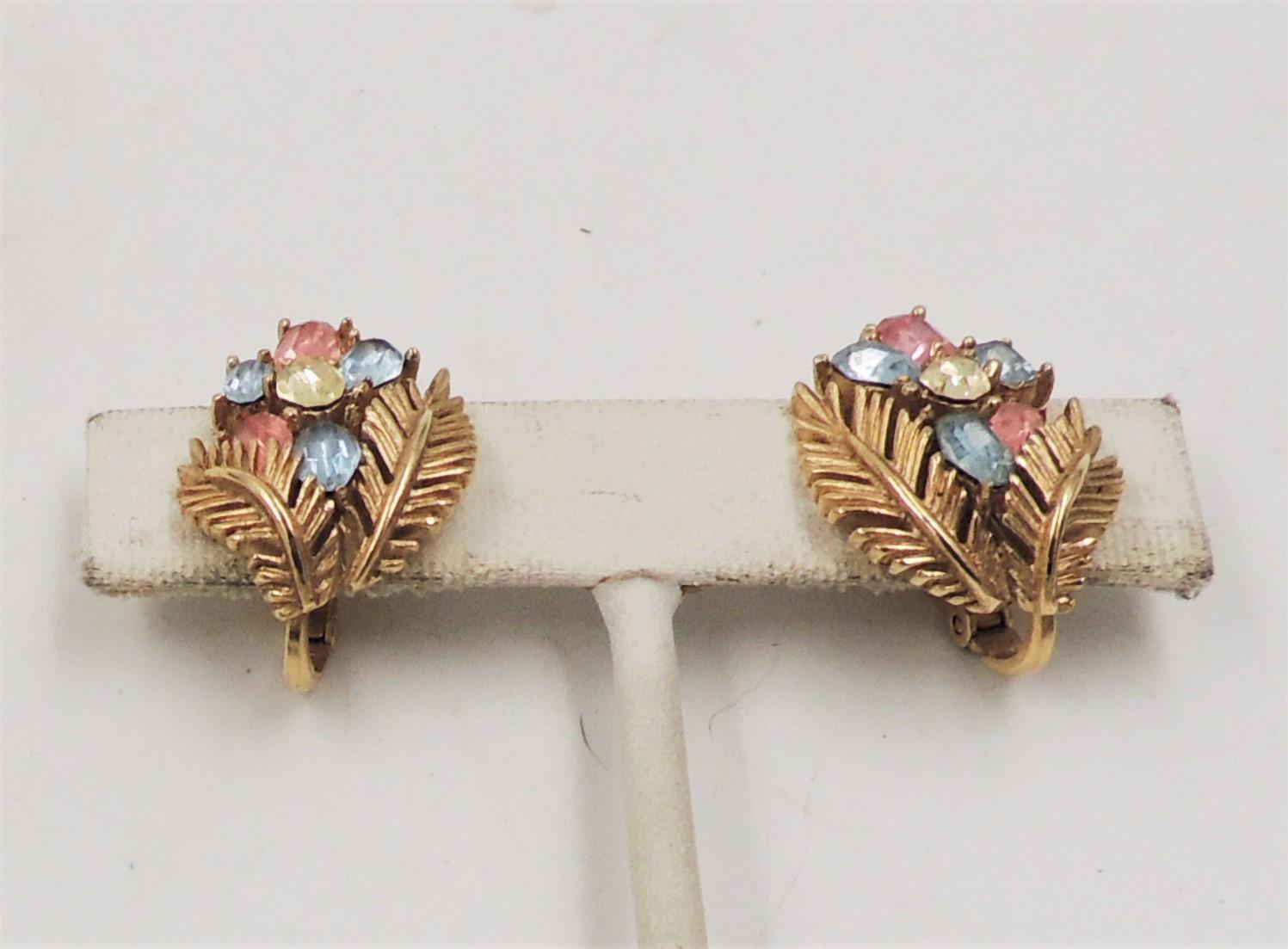 Women's Vintage Signed Crown Trifari Goldtone Leaves & Pastel Rhinestones Clip Earrings