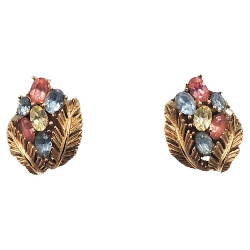 Vintage Signed Crown Trifari Goldtone Leaves & Pastel Rhinestones Clip Earrings