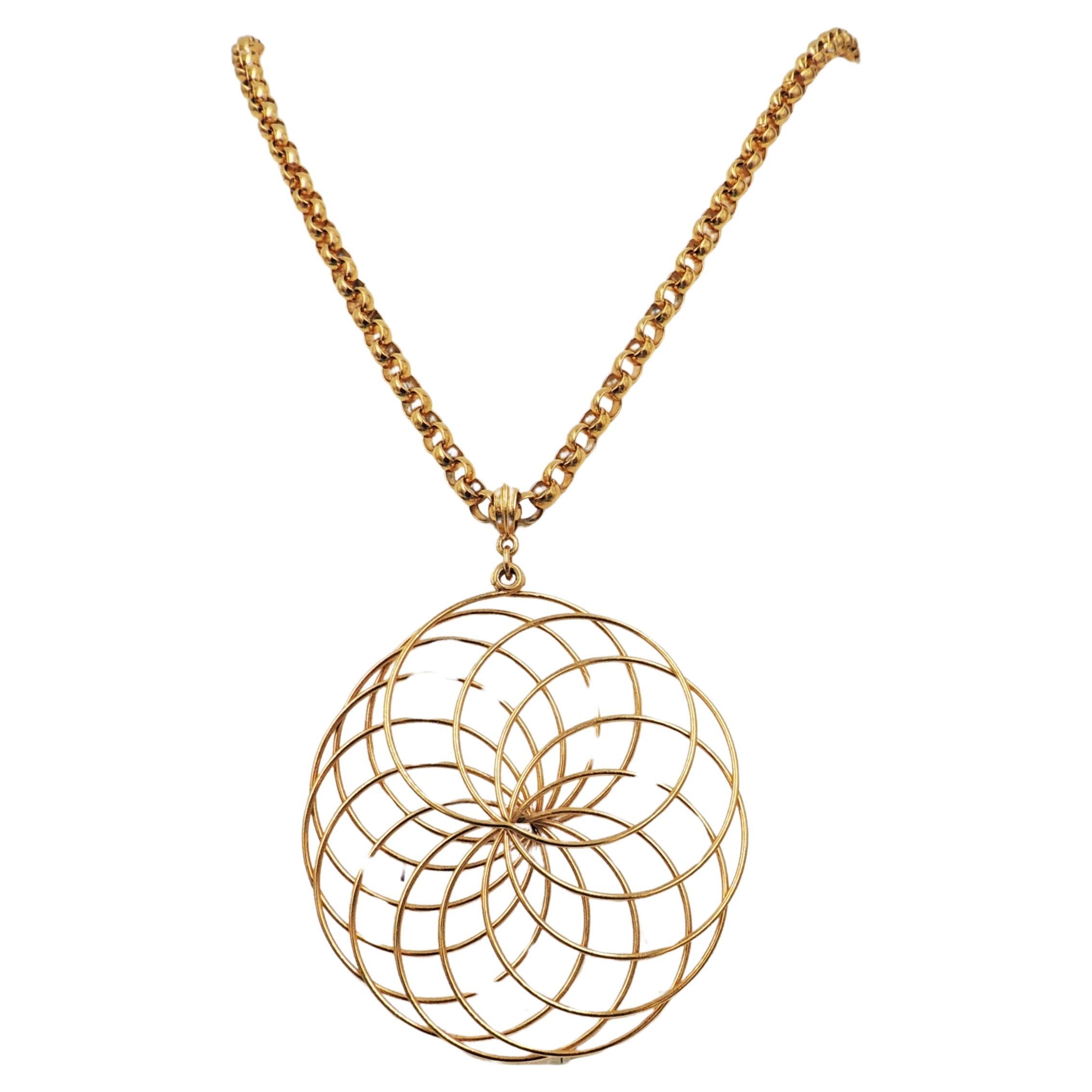 Vintage Signed Crown Trifari Goldtone Spiral Pendant Necklace, 1974 Ad Piece For Sale