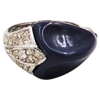 Vintage Signed Crown Trifari Rhodium Plate Navy Lucite Size 6 1/2 Ring For Sale