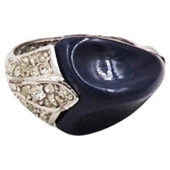 Vintage Signed Crown Trifari Rhodium Plate Navy Lucite Size 6 1/2 Ring