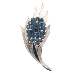 Vintage Signed Crown Trifari Rhodium Plated Faux-Sapphire Brooch