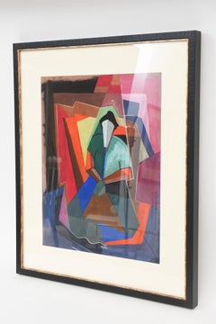 Vintage Signed Cubist Watercolor Custom Framed Red, Blue, Green, Black, Pink