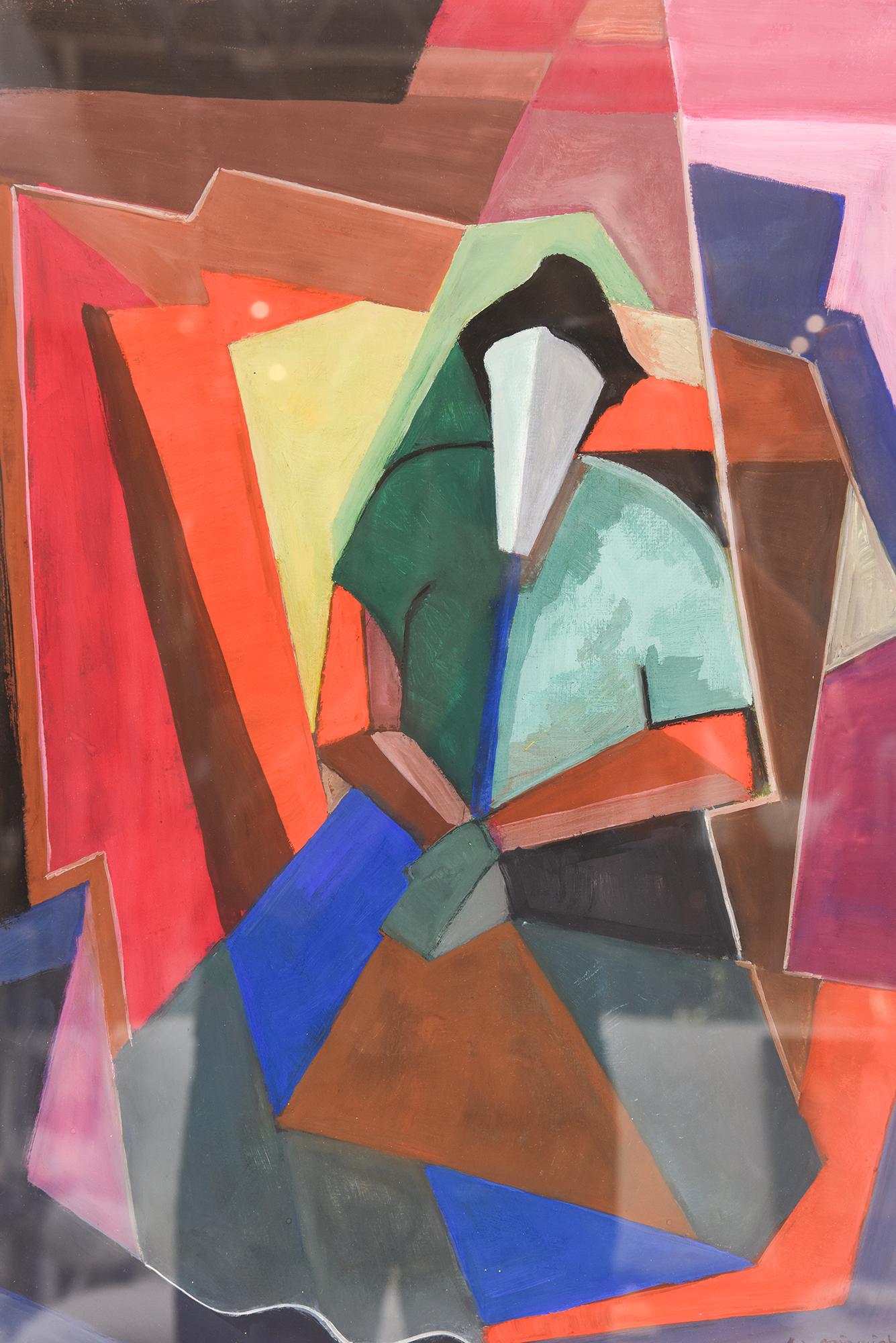 Signiertes kubistisches Aquarell, maßgefertigt gerahmtes Rot, Blau, Grün, Schwarz, Rosa (Moderne der Mitte des Jahrhunderts) im Angebot