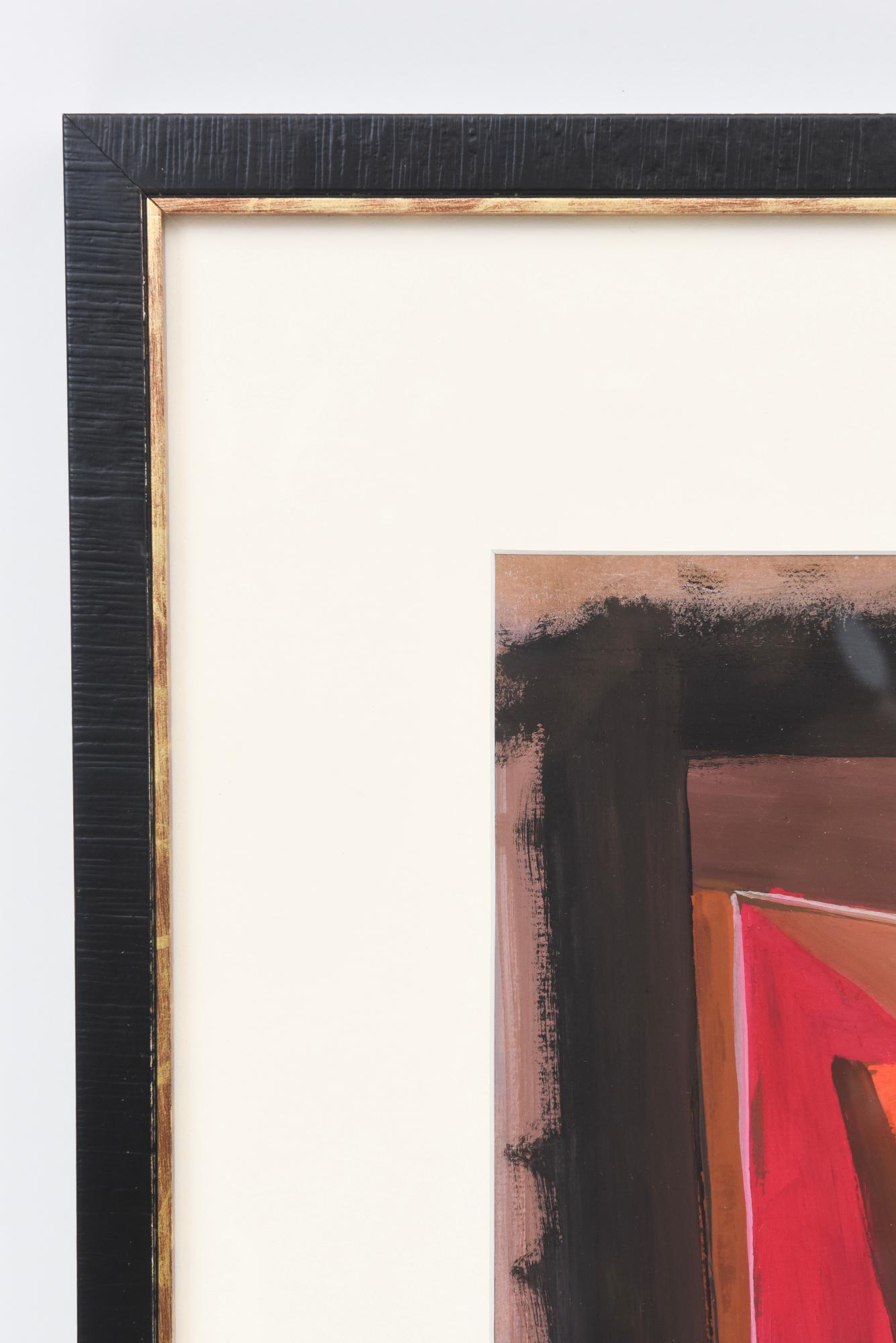 Signiertes kubistisches Aquarell, maßgefertigt gerahmtes Rot, Blau, Grün, Schwarz, Rosa im Zustand „Gut“ im Angebot in North Miami, FL