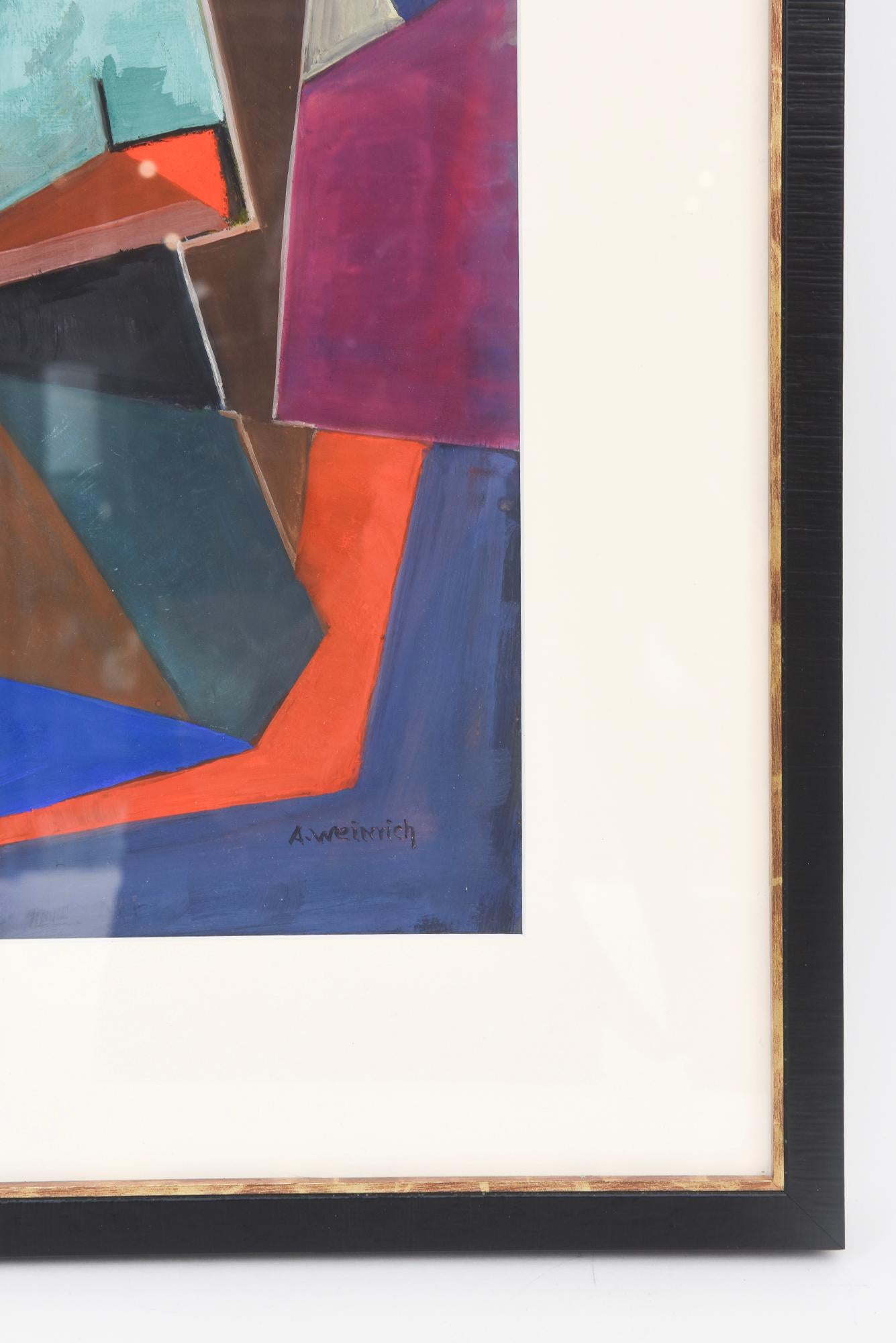 Signiertes kubistisches Aquarell, maßgefertigt gerahmtes Rot, Blau, Grün, Schwarz, Rosa (Mitte des 20. Jahrhunderts) im Angebot
