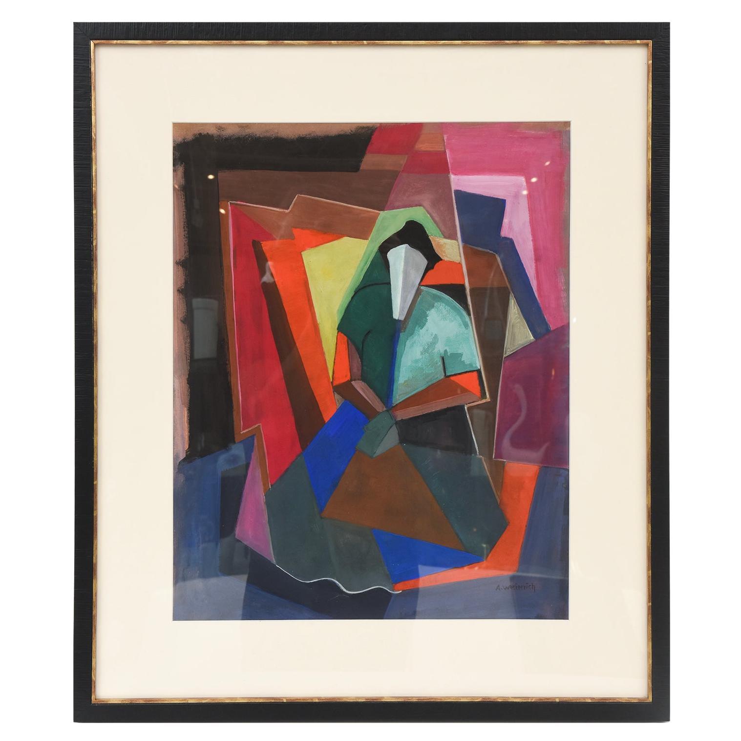 Vintage Signed Cubist Watercolor Custom Framed Red, Blue, Green, Black, Pink