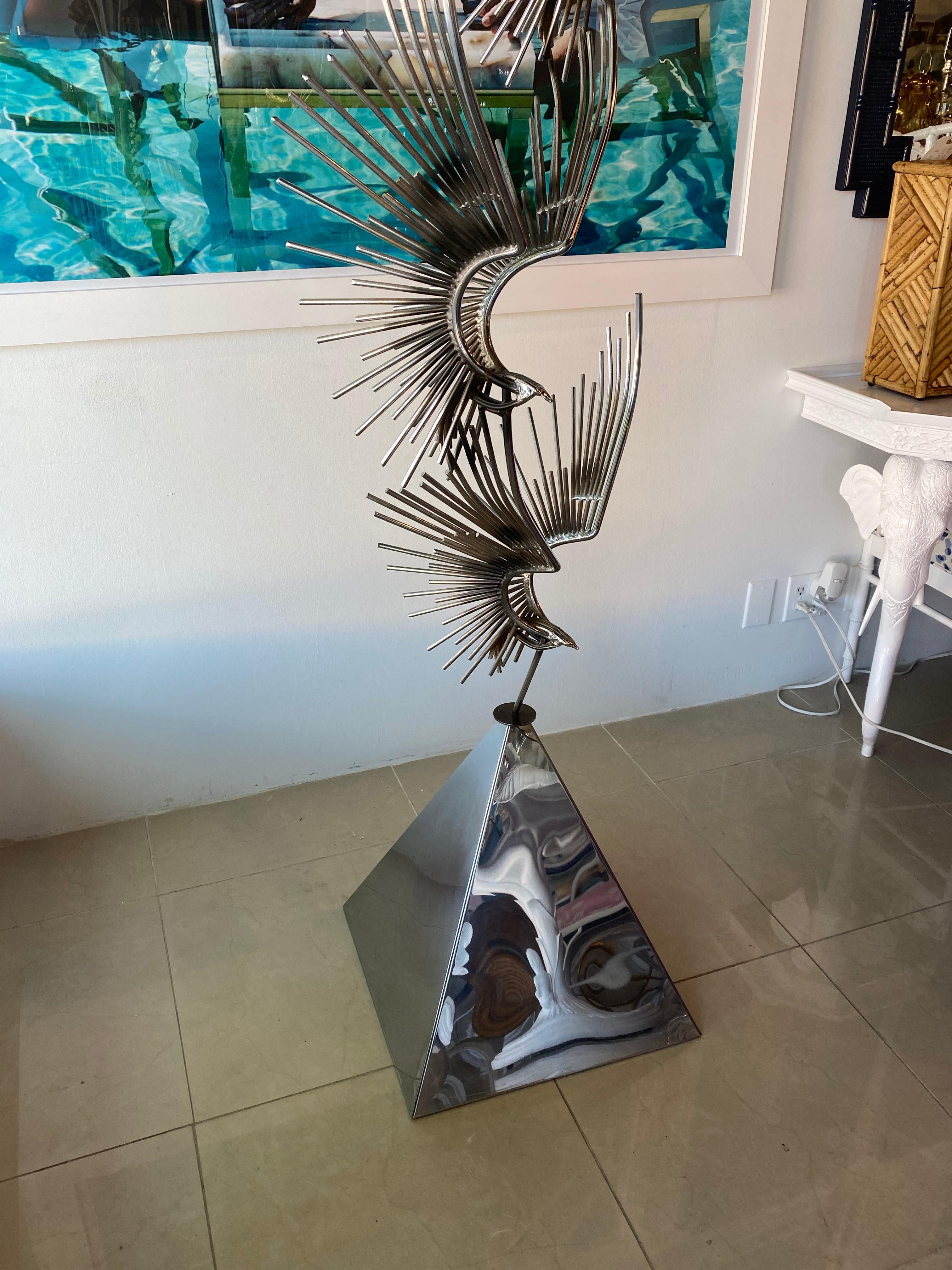 Vintage Signed Curtis Jere C. Jere Chrome Steel Birds in Flight Sculpture, 1976 In Good Condition In West Palm Beach, FL