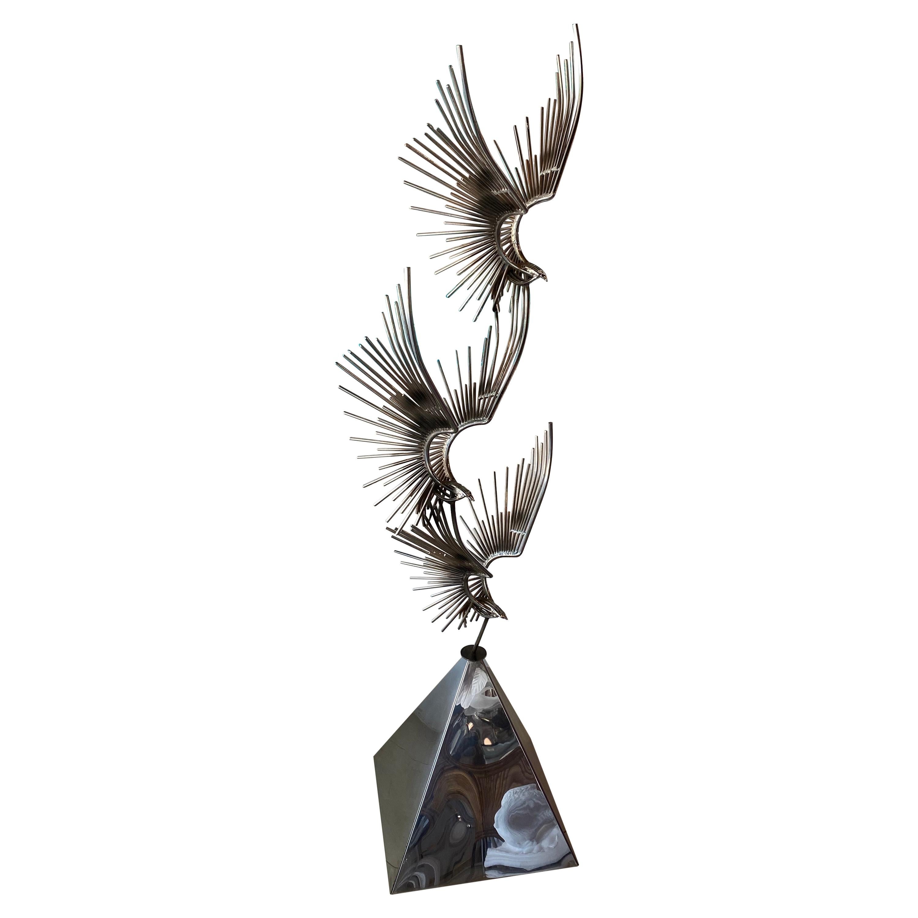 Vintage Signed Curtis Jere C. Jere Chrome Steel Birds in Flight Sculpture, 1976