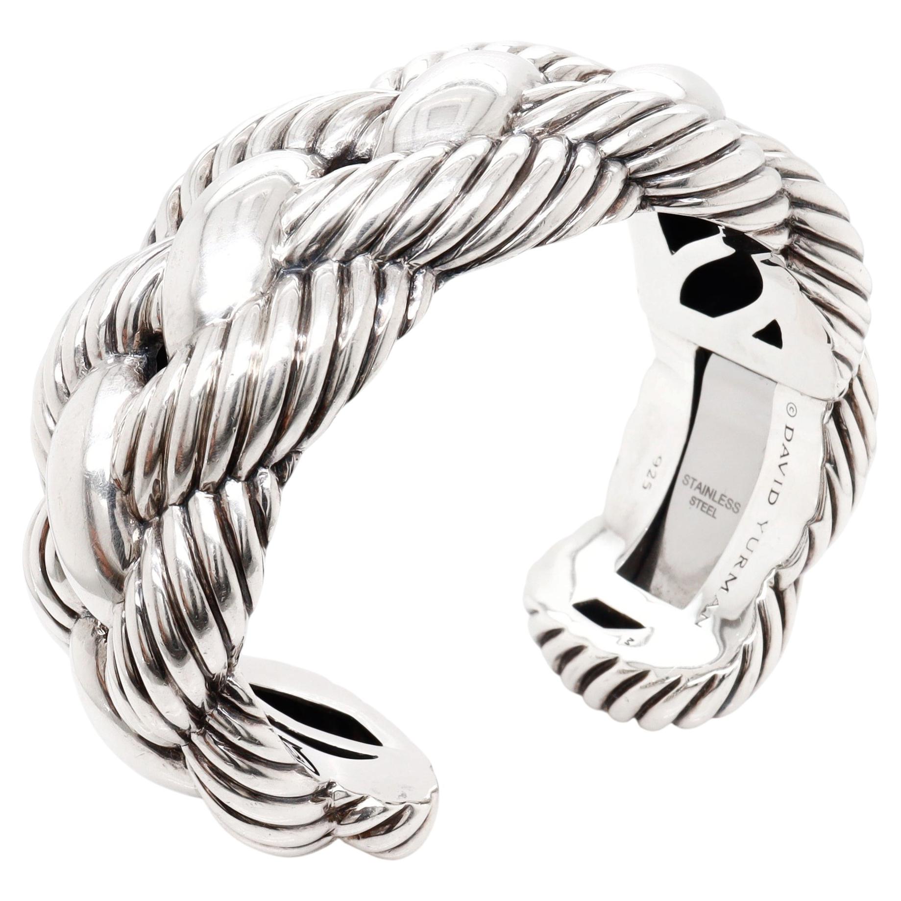 Vintage Signed David Yurman Sterling Silver Wide Cable Cuff Bracelet For Sale