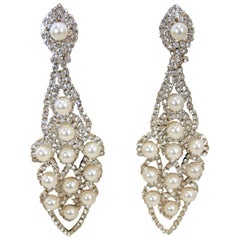 Vintage Signed De Mario Faux Pearl & Crystals Dangling Earrings