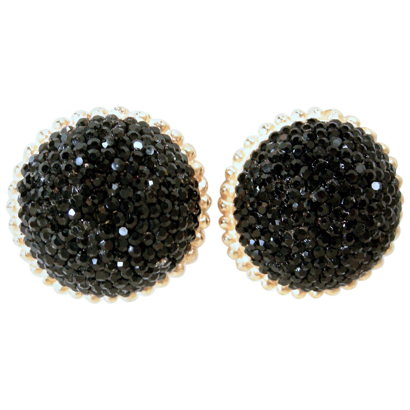 Vintage Signed Deanna Hamro Black Crystals Dome Earrings For Sale
