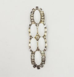 Vintage Signed DeLillo Rhodium Plate White Cabochon Rhinestone Dress Clip