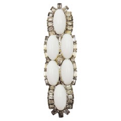 Vintage Signed DeLillo Rhodium Plate White Cabochon Rhinestone Dress Clip