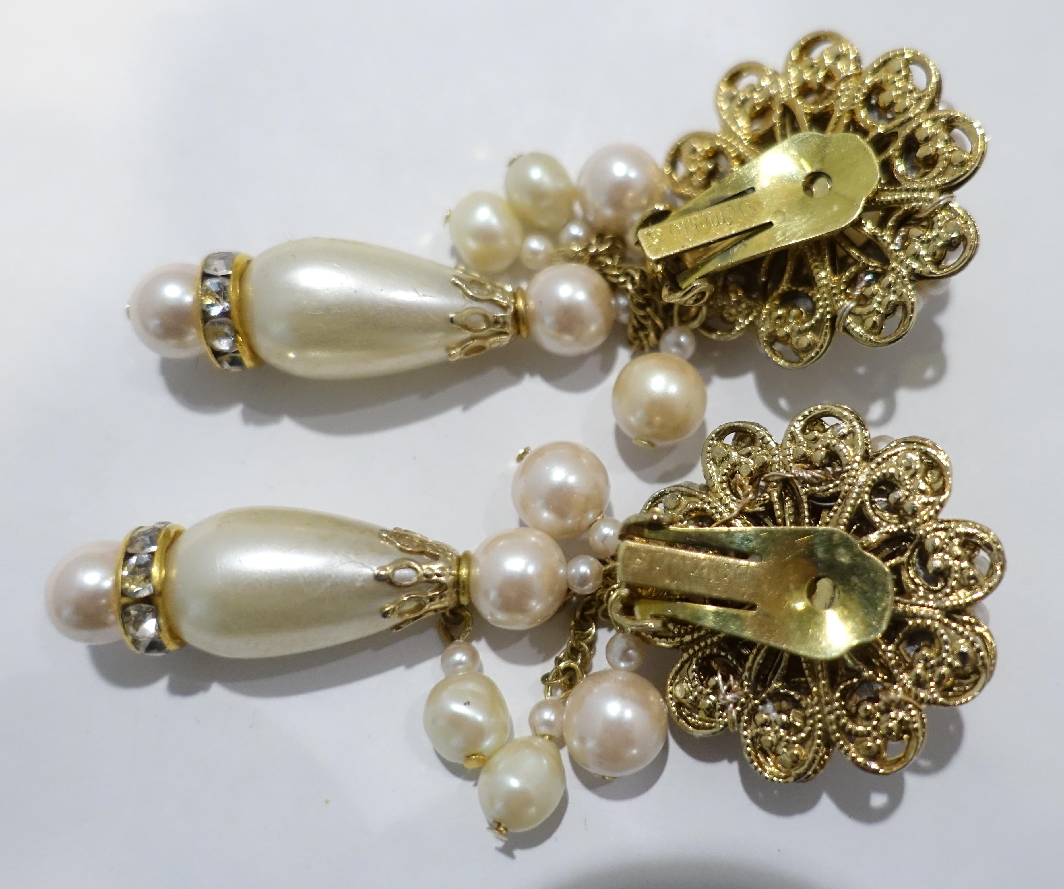 Women's Vintage Signed DeMario Faux Pearl & Crystal Dangling Earrings For Sale