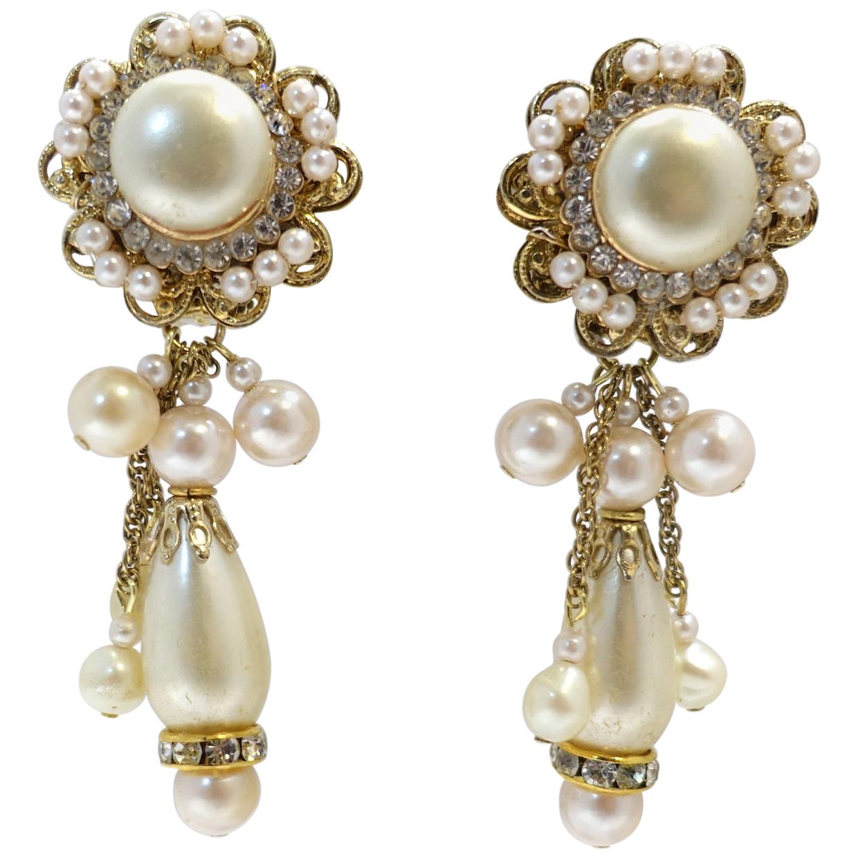 Vintage Signed DeMario Faux Pearl & Crystal Dangling Earrings For Sale