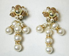 Vintage Signed DeMario Faux Pearl Dangling Earrings