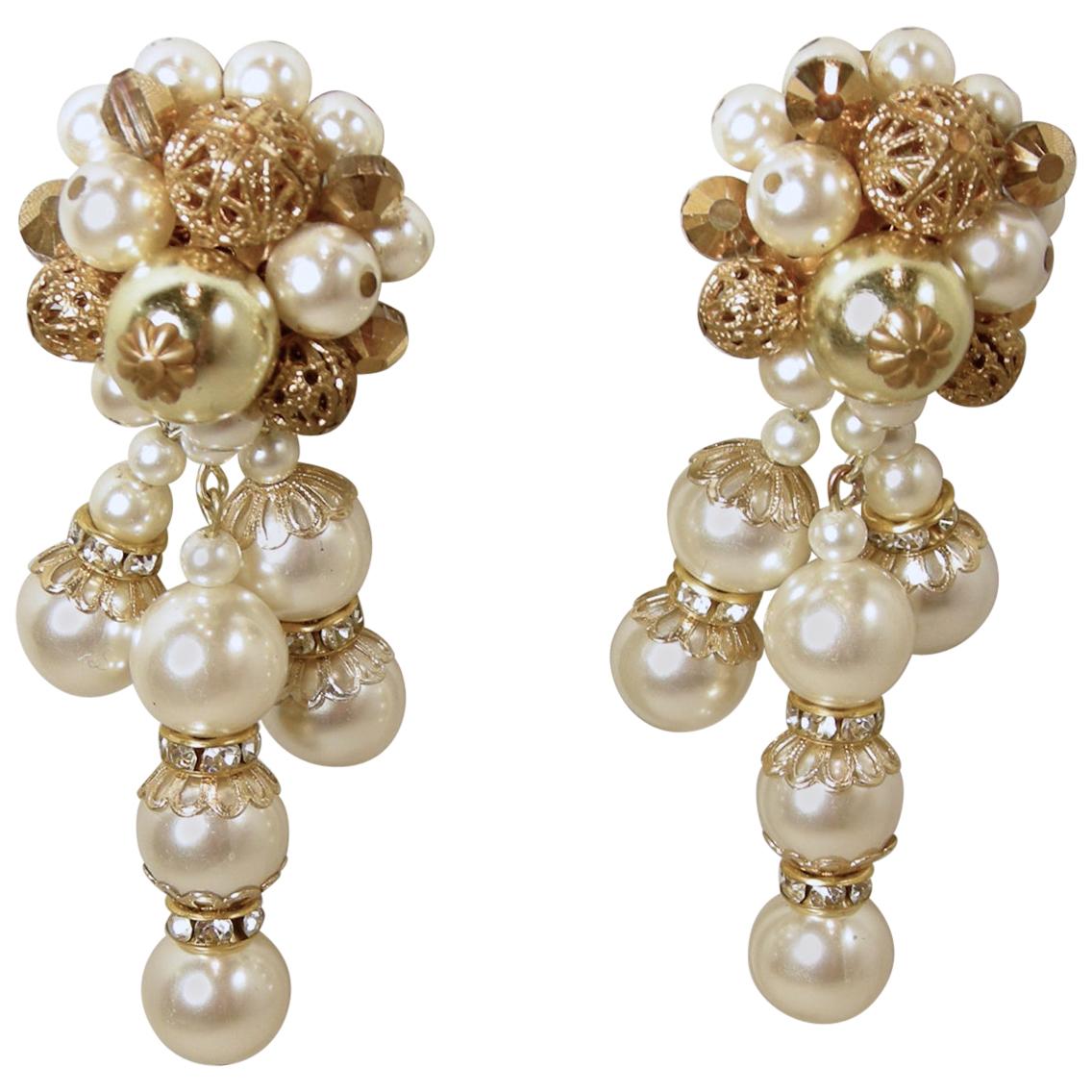 Vintage Signed DeMario Faux Pearl Dangling Earrings For Sale