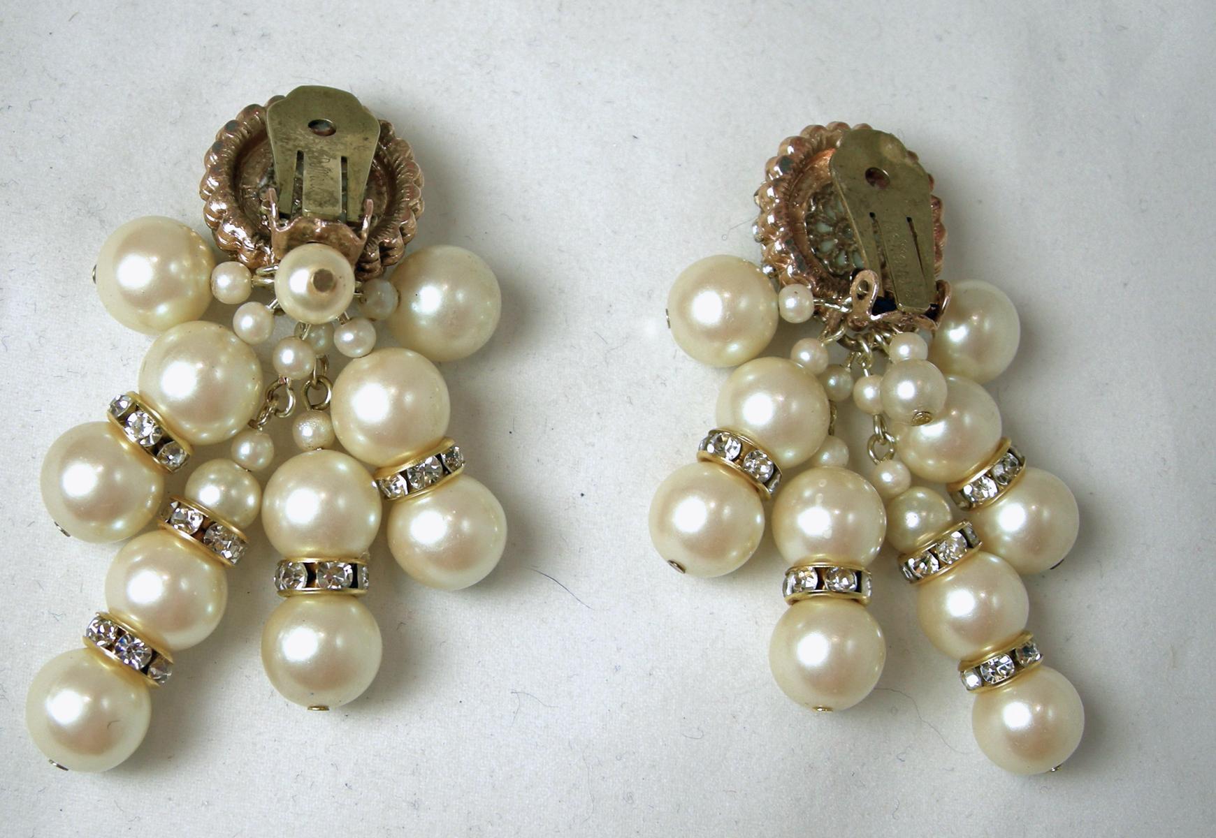 Vintage Signed DeMario Faux Pearls & Crystal Drop Earrings In Excellent Condition For Sale In New York, NY