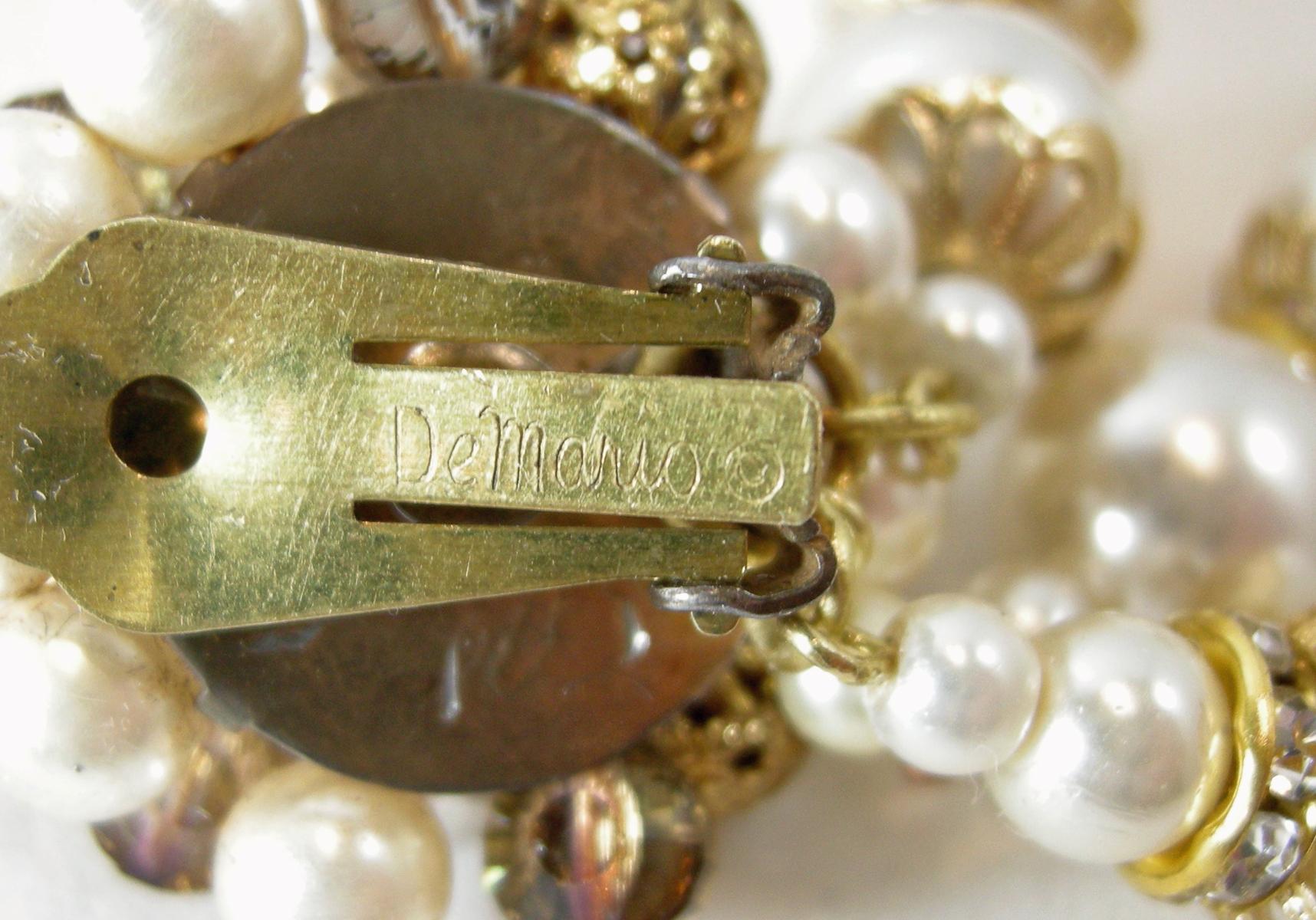 Women's Vintage Signed DeMario Faux Pearls & Crystal Drop Earrings For Sale