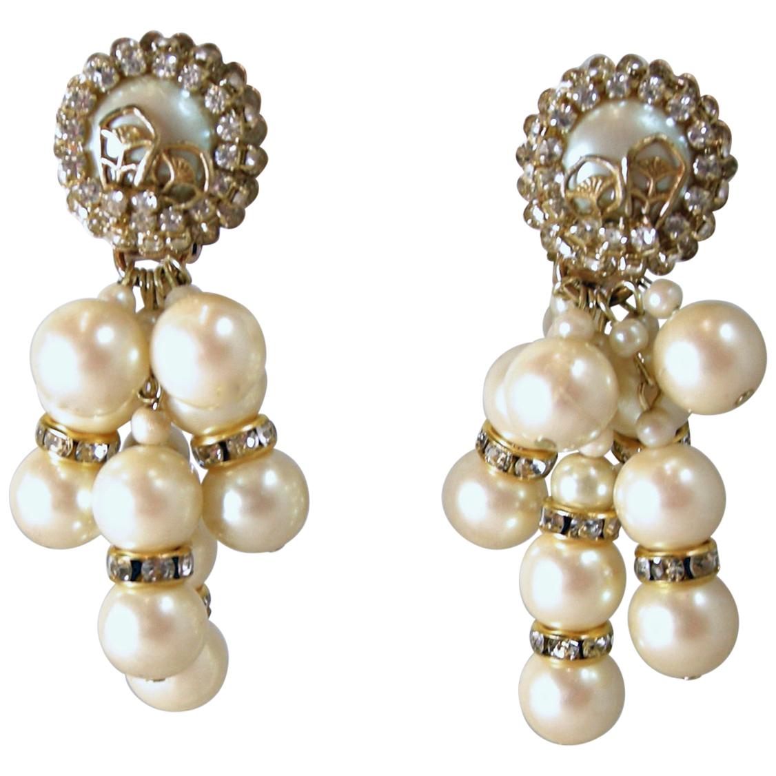 Vintage Signed DeMario Faux Pearls & Crystal Drop Earrings For Sale