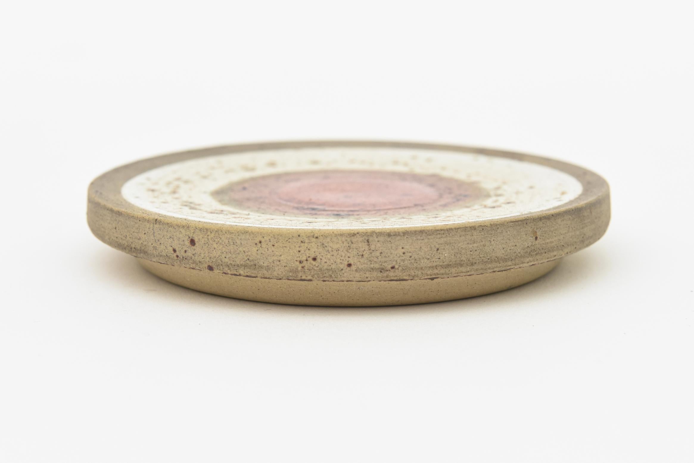Vintage Signed Denby English Ceramic Round Box Tan, Mustard Yellow, Red, Green 2