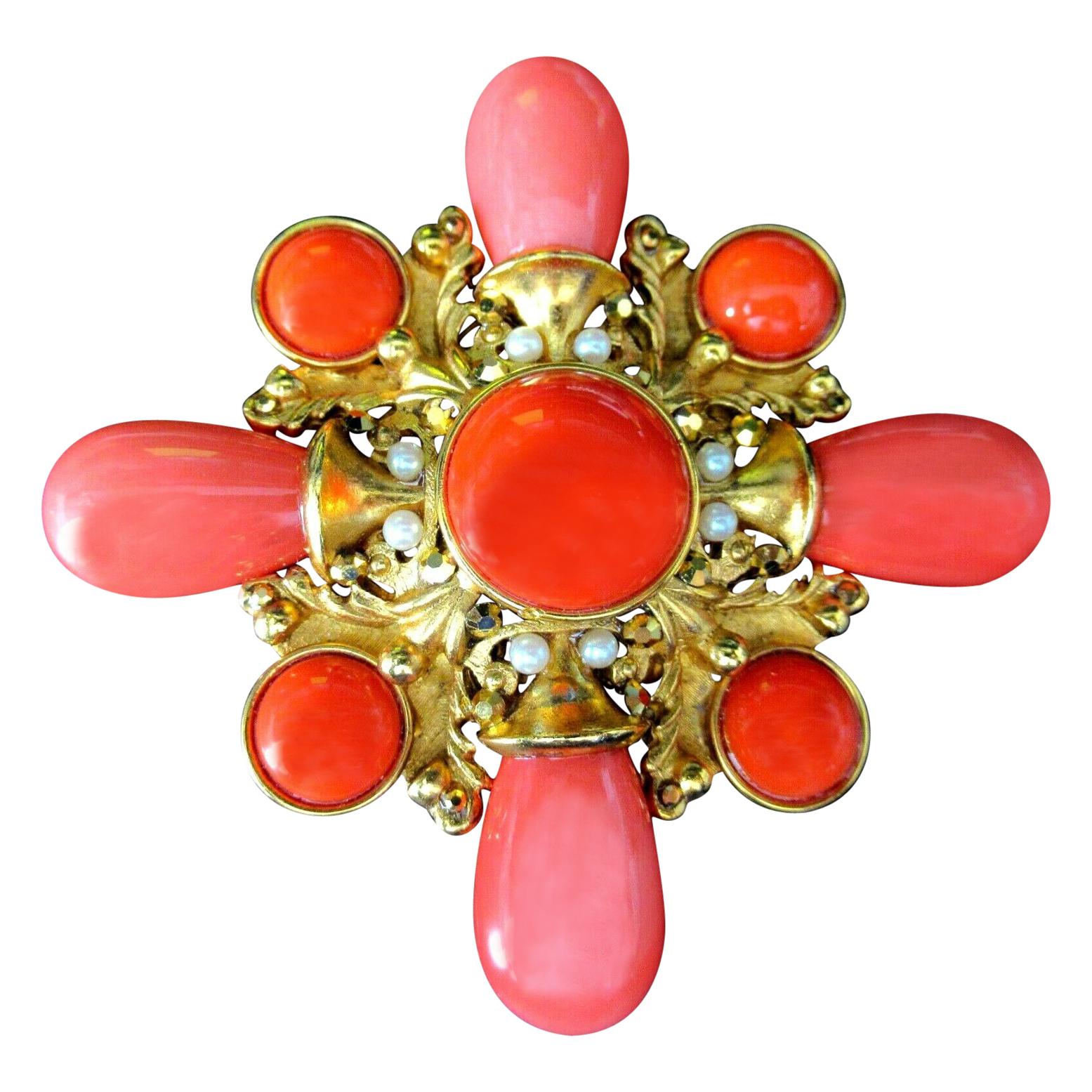 Vintage Signed Designer Jose Maria Barrera Faux Coral Cross Brooch Pin 