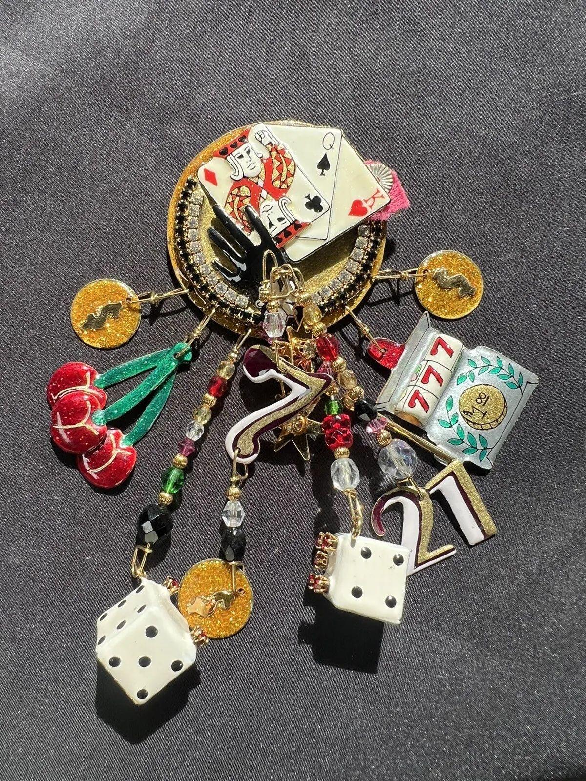 Vintage Signed Designer LUNCH at The RITZ Multi Charm Las Vegas Gaming Brooch For Sale 6