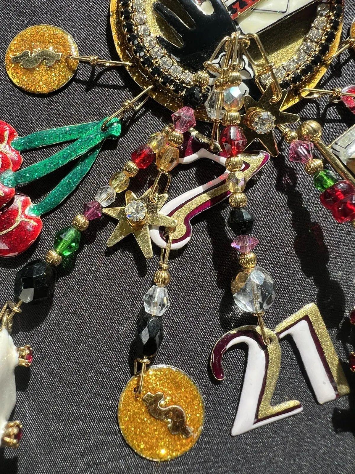 Vintage Signed Designer LUNCH at The RITZ Multi Charm Las Vegas Gaming Brooch For Sale 1