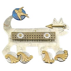 Vintage Signed Designer Thomas Mann Cat Bird on Roller Skate Statement Brooch